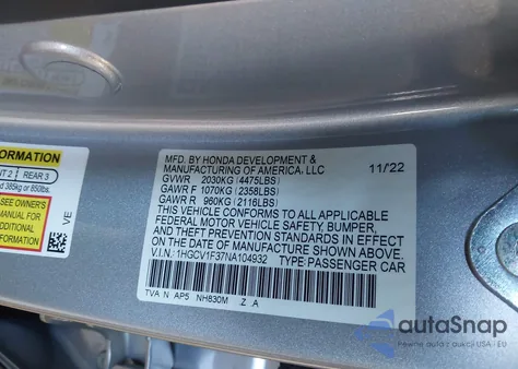 2022 Honda Accord Sport from USA, damaged, VIN 1HGCV1F37NA104932